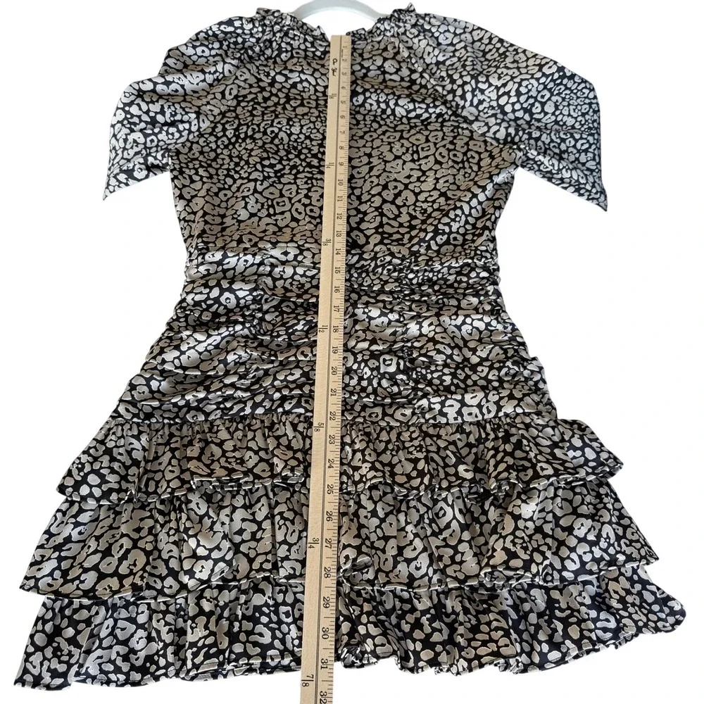 Skies Are Blue Leopard Print Ruched Tiered Ruffle Mini Dress Tan‎ Black 98546